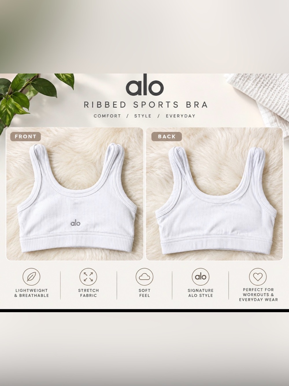 🤍 Alo Yoga Ribbed Wellness Bra - White | Size XS - Picture 2 of 10